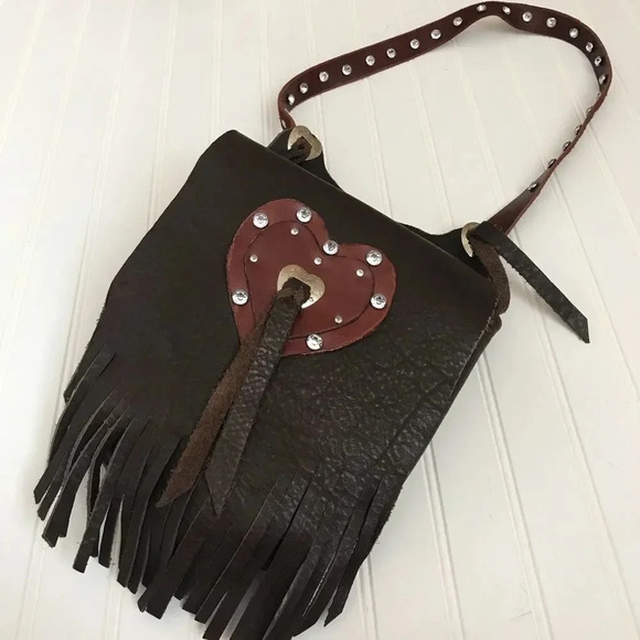 NWOT Leather Studded Fringed Heart Crossbody - Picture 1 of 6